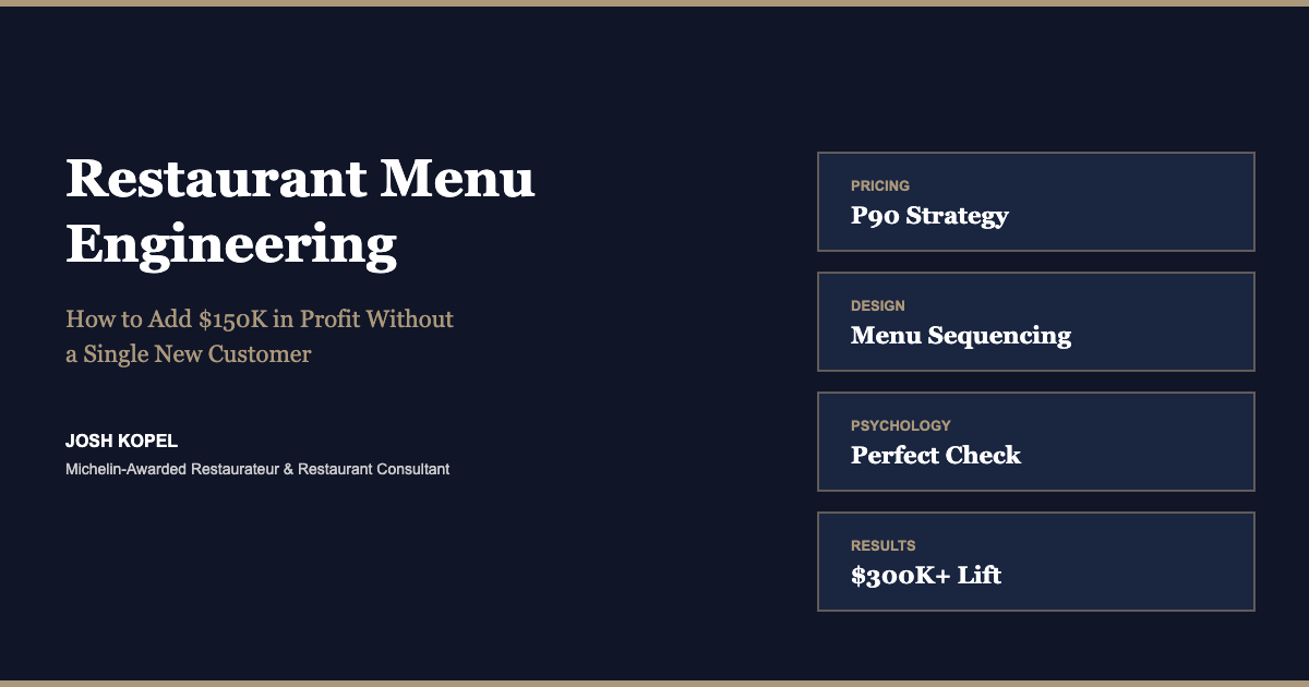 Restaurant menu engineering guide covering pricing strategy, menu design, Perfect Check psychology, and $300K revenue lift results by Josh Kopel